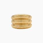 Gold Dara ribbed statement ring in 18k gold PVD stainless steel on a white background, designed for shoppers looking for a bold, tarnish-resistant everyday ring that adds polish to simple outfits.