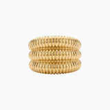 Gold Dara ribbed statement ring in 18k gold PVD stainless steel on a white background, designed for shoppers looking for a bold, tarnish-resistant everyday ring that adds polish to simple outfits.