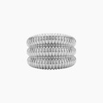 Silver Dara ribbed statement ring in stainless steel on a white background, designed for shoppers looking for a water-resistant, tarnish-resistant statement ring with a bold sculptural finish.