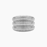 Silver Dara ribbed statement ring in stainless steel on a white background, designed for shoppers looking for a water-resistant, tarnish-resistant statement ring with a bold sculptural finish.