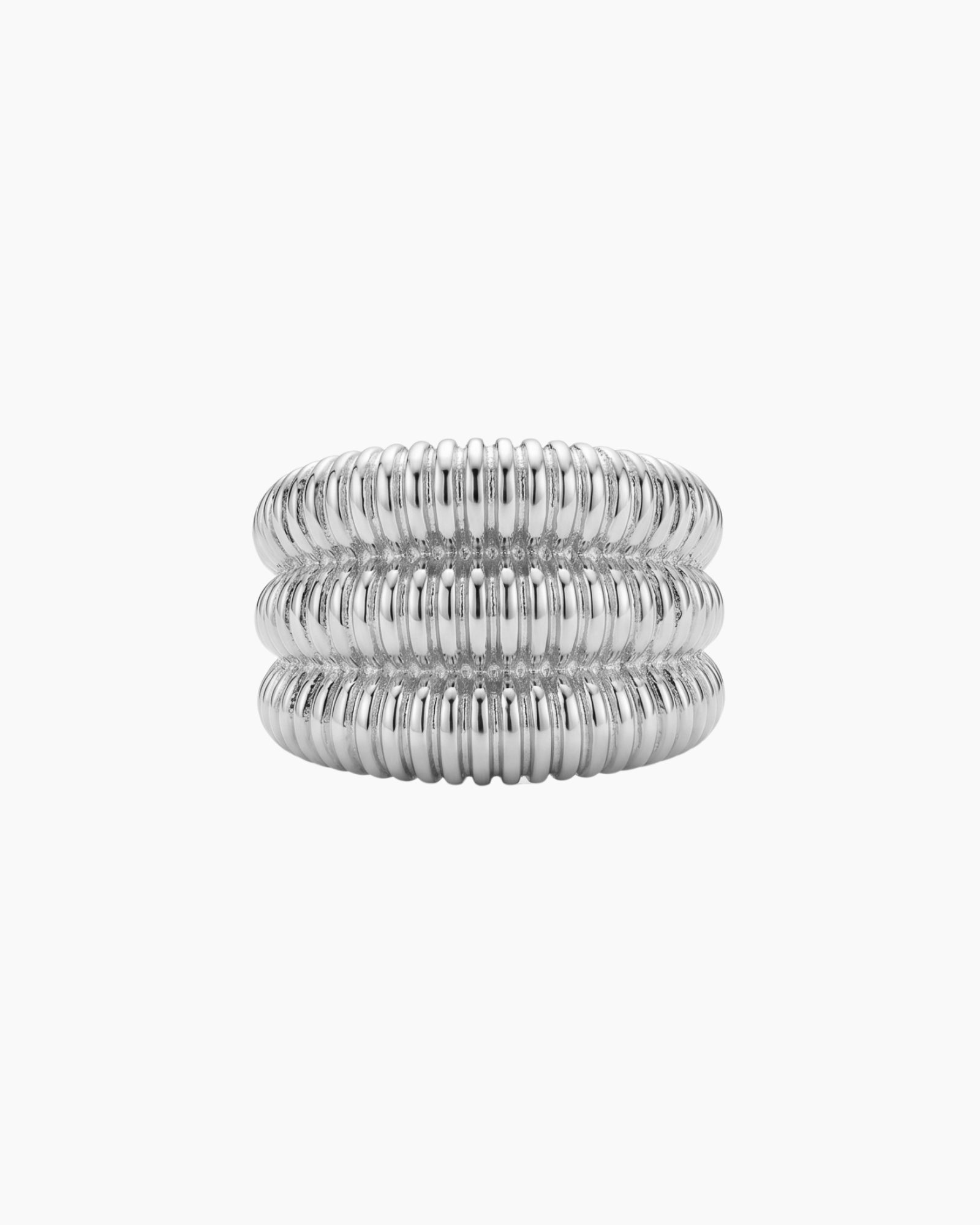 Silver Dara ribbed statement ring in stainless steel on a white background, designed for shoppers looking for a water-resistant, tarnish-resistant statement ring with a bold sculptural finish.