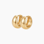 Gold rounded hoop earrings in a chunky polished design on a white background. Classic everyday sterling silver hoops with micron 18k gold plating, perfect for minimal jewellery styling, layered ear stacks and lightweight comfortable daily wear.