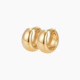 Gold rounded hoop earrings in a chunky polished design on a white background. Classic everyday sterling silver hoops with micron 18k gold plating, perfect for minimal jewellery styling, layered ear stacks and lightweight comfortable daily wear.