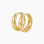 SELENE rounded gold hoop earrings on a white background featuring a polished chunky dome design. Sterling silver hoop earrings with micron 18k gold plating, ideal for everyday wear, sensitive ears, minimal jewellery styling and timeless layered looks.
