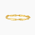 Studio product image of a slim gold bracelet with textured, organically shaped links arranged in an oval on a white background. The photo clearly shows the bracelet’s full design, clasp detail, warm gold finish, and handcrafted surface texture. Designed for women looking for an elegant, everyday gold bracelet with subtle character, this image helps customers clearly understand the bracelet’s style, link shape, and overall proportion when worn.