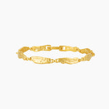Studio product image of a slim gold bracelet with textured, organically shaped links arranged in an oval on a white background. The photo clearly shows the bracelet’s full design, clasp detail, warm gold finish, and handcrafted surface texture. Designed for women looking for an elegant, everyday gold bracelet with subtle character, this image helps customers clearly understand the bracelet’s style, link shape, and overall proportion when worn.