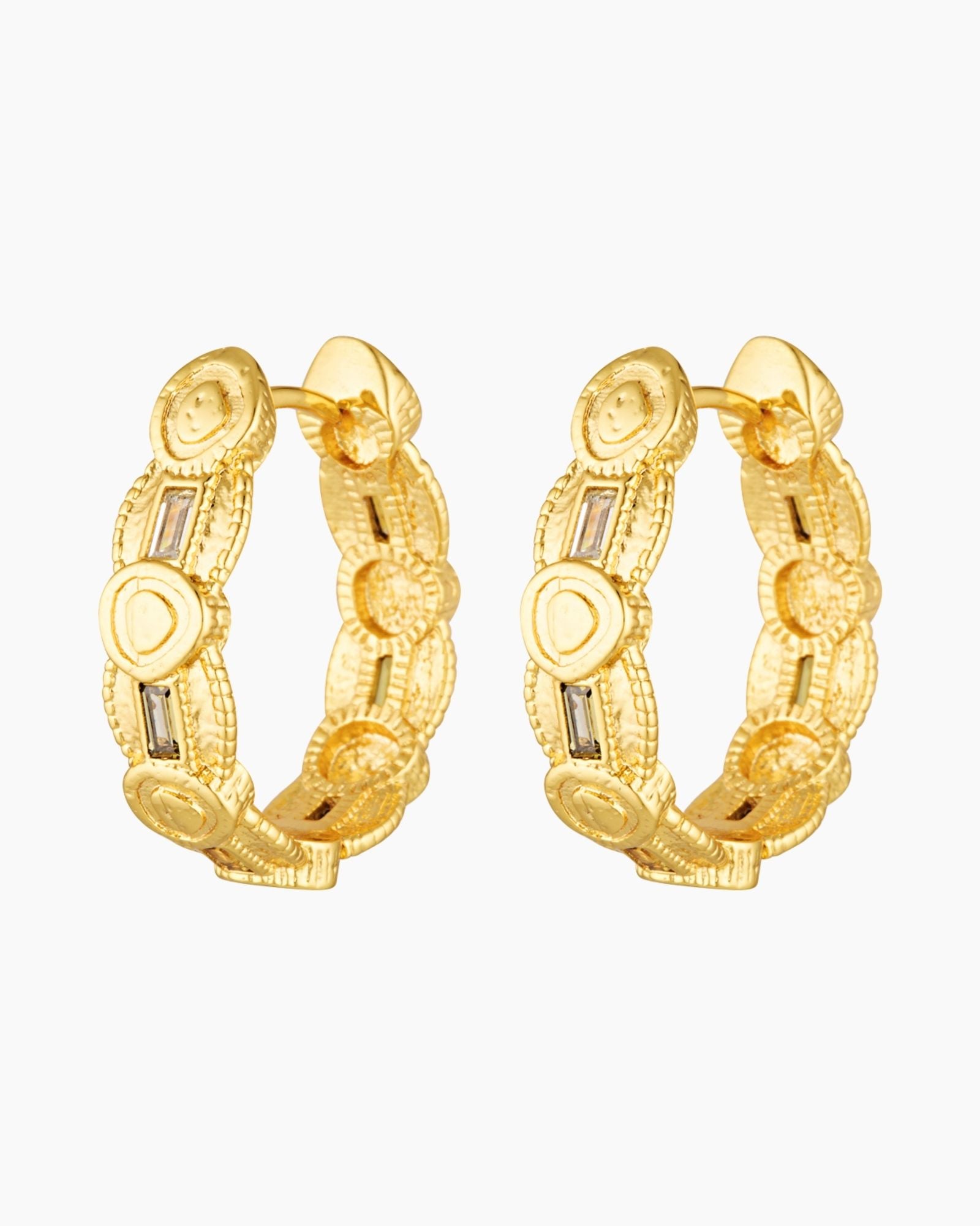 A pair of medium-sized hoop earrings with cubic zirconia, available in gold and rhodium colors.