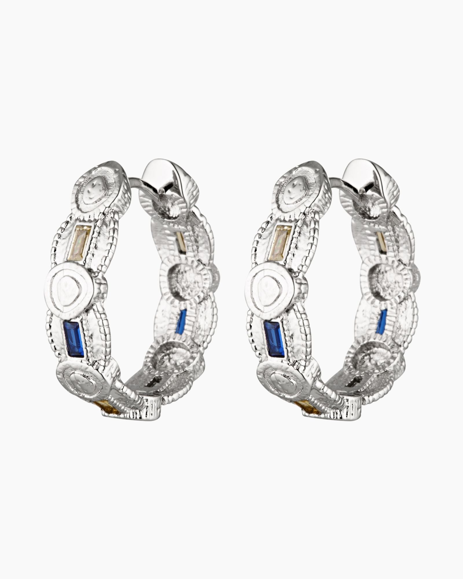 A pair of medium-sized hoop earrings with cubic zirconia, available in gold and rhodium colors.