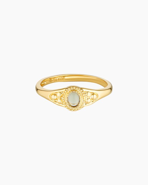 Front-facing product photo of the Eleni gold ring made from 14K gold-filled brass, featuring a slim polished band with an oval central detail and subtle textured accents on each side, shown on a clean white background. Designed for women seeking a minimalist gold ring for everyday wear, stacking, or gifting, offering a refined, lightweight alternative to bulky statement rings while maintaining an elegant, timeless look.
