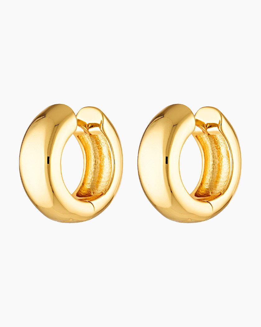 Close-up product image of polished gold Eva hoop earrings on a white background. This image is for women looking for timeless gold hoop earrings that are easy to style, comfortable for daily wear, and suitable for minimal or layered jewellery looks.