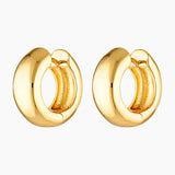 Close-up product image of polished gold Eva hoop earrings on a white background. This image is for women looking for timeless gold hoop earrings that are easy to style, comfortable for daily wear, and suitable for minimal or layered jewellery looks.