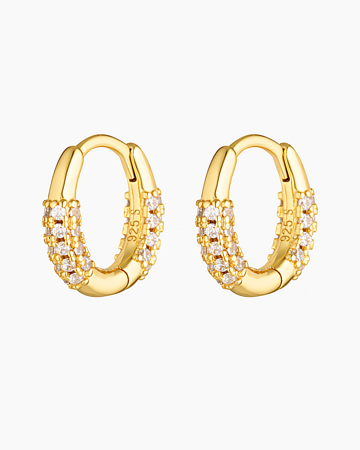 Close-up product image of Mon gold hoop earrings with a small 10mm size and pavé cubic zirconia detail, shown on a white background. This image is for women looking for small gold hoop earrings for second or third piercings and easy everyday ear stacking.