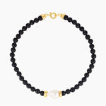 black onyx beads necklace with natural baroque pearl and gold details