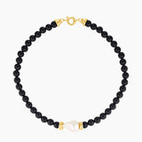 black onyx beads necklace with natural baroque pearl and gold details