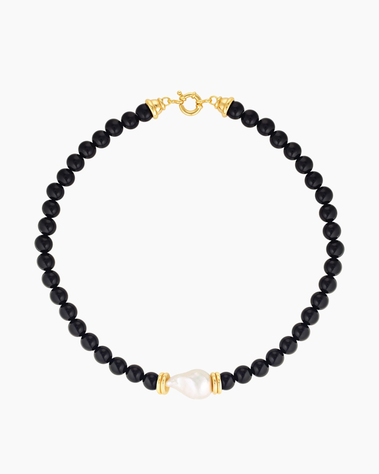 black onyx beads necklace with natural baroque pearl and gold details