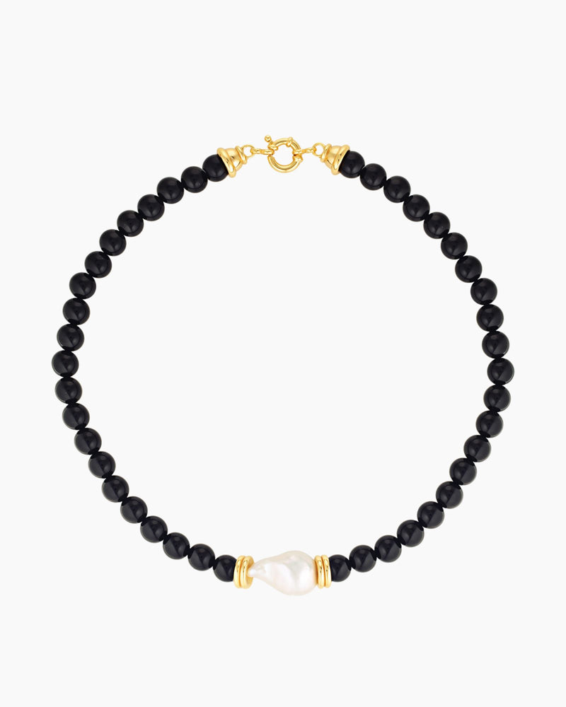 black onyx beads necklace with natural baroque pearl and gold details