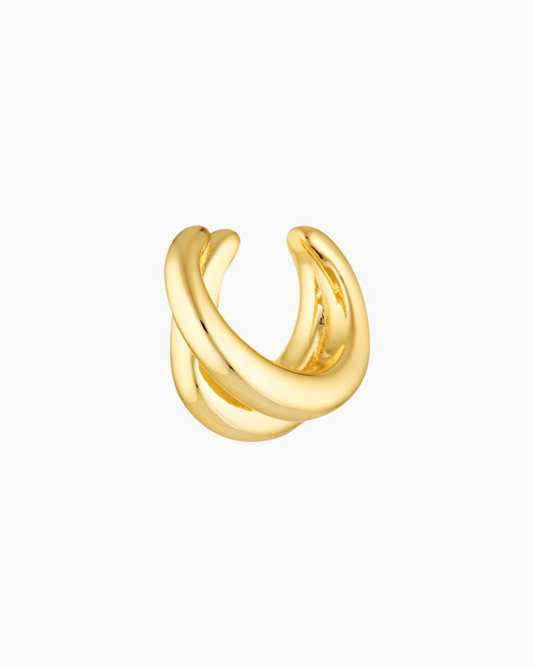 Flux Ear Cuff in 18k gold plating with a double-band sculptural no piercing design, modern minimalist jewellery photographed on a clean white background