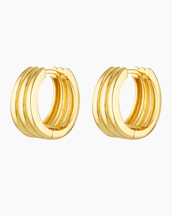 Gold hoop earrings shown as a pair on a white background, featuring a bold, sculpted multi-ridge design with a polished 18K gold finish. Designed for women seeking modern everyday gold hoops that feel refined yet impactful, these small statement earrings offer a comfortable, lightweight option for daily wear while elevating minimalist jewellery styling.