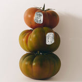 tomato stack with silver textured stud earrings
