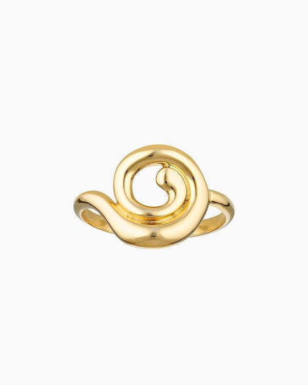 Product image of a minimalist organic spiral gold ring with a smooth sculptural design, shown on a white background. Designed for women looking for an everyday gold ring with symbolic meaning, this image highlights a versatile stacking ring that suits daily wear and minimalist jewellery styling.