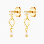 Gold stud earrings with cubic zirconia, an open oval link, and a small freshwater pearl drop, 18k gold plated sterling silver, photographed on a white background.