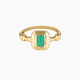 Front-facing product image of the Meralda gold ring featuring a rectangular green emerald cubic zirconia set in a cushion-style bezel on a 14K gold-filled band. Designed for women seeking vintage-inspired emerald gold rings that add colour and elegance to everyday jewellery without feeling heavy or impractical.