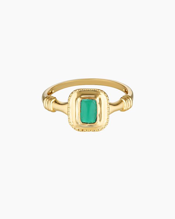 Front-facing product image of the Meralda gold ring featuring a rectangular green emerald cubic zirconia set in a cushion-style bezel on a 14K gold-filled band. Designed for women seeking vintage-inspired emerald gold rings that add colour and elegance to everyday jewellery without feeling heavy or impractical.
