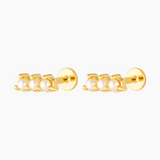 Pair of gold flat back stud earrings featuring three petite freshwater pearls set in a straight bar design with a screw-in backing. Designed for women seeking comfortable, secure flat back earrings for sensitive ears, everyday wear, and cartilage or lobe piercings, offering a polished bridal and minimalist jewellery option suitable for all-day and overnight wear.