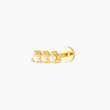 Product image of a single gold flat back stud earring with three freshwater pearls arranged in a horizontal bar and a smooth screw-in flat back post, shown on a white background. Designed for women seeking comfortable flat back ear piercings for sensitive ears, this pearl bar stud provides a secure, low-profile option for cartilage, helix, tragus, conch, or lobe piercings, ideal for everyday wear, bridal jewellery, and long-lasting comfort.