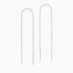 Product photo of a pair of silver threader earrings displayed on a white background, featuring fine rolo chain strands with slim straight bar ends designed to thread through the ear. This image is for people looking for minimalist silver thread earrings, long drop earrings, or hypoallergenic silver jewellery, showing a lightweight solution for effortless ear stacking, subtle movement, and elegant everyday or evening styling without bulk.
