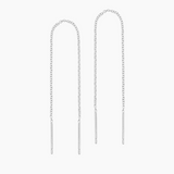 Product photo of a pair of silver threader earrings displayed on a white background, featuring fine rolo chain strands with slim straight bar ends designed to thread through the ear. This image is for people looking for minimalist silver thread earrings, long drop earrings, or hypoallergenic silver jewellery, showing a lightweight solution for effortless ear stacking, subtle movement, and elegant everyday or evening styling without bulk.