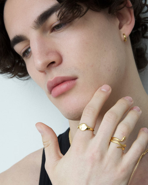 Product image showing a model wearing a flat organic gold signet ring and a minimalist gold snake ring on the hand. Designed for those searching for modern gold rings, sculptural signet rings, and everyday statement jewelry, this image highlights refined gold jewelry that offers a contemporary alternative to traditional signet rings and classic stacking rings, suitable for daily wear and elevated styling.