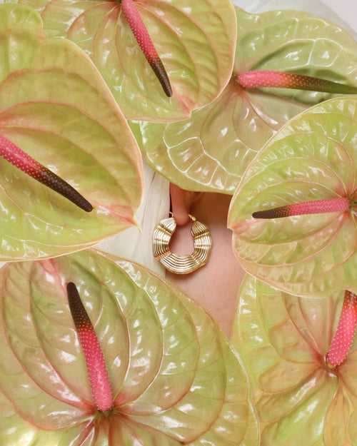 Gold sculptural hoop earrings shown on a model partially hidden behind large anthurium leaves, highlighting the bold textured hoop design in a creative editorial setting.