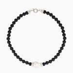 black beaded necklace with onyx, silver and natural baroque pearl