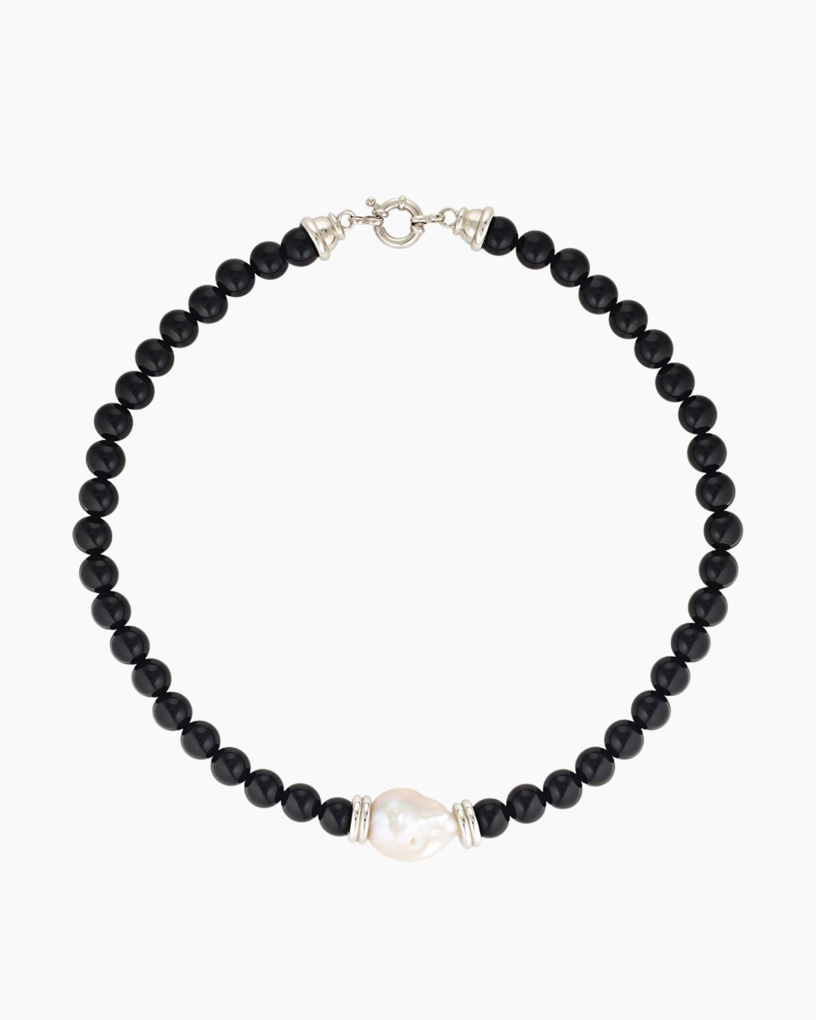 black beaded necklace with onyx, silver and natural baroque pearl
