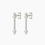 Sterling silver pearl drop earrings with a marquise-cut cubic zirconia pendant and delicate chain detail on a light grey background. Lightweight dainty earrings designed for women seeking elegant everyday jewellery, bridal accessories, wedding guest jewellery or minimalist sterling silver earrings.