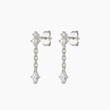 Sterling silver pearl drop earrings with a marquise-cut cubic zirconia pendant and delicate chain detail on a light grey background. Lightweight dainty earrings designed for women seeking elegant everyday jewellery, bridal accessories, wedding guest jewellery or minimalist sterling silver earrings.