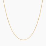 Gold rope chain necklace photographed flat on a white background, showing a slim twisted rope design in 18k gold-filled material. Designed for women and men seeking a lightweight everyday gold necklace that layers easily with pendants or longer chains, adding subtle texture and shine without bulk. Ideal for minimalist styling, necklace stacking, and daily wear, including water- and shower-safe use.