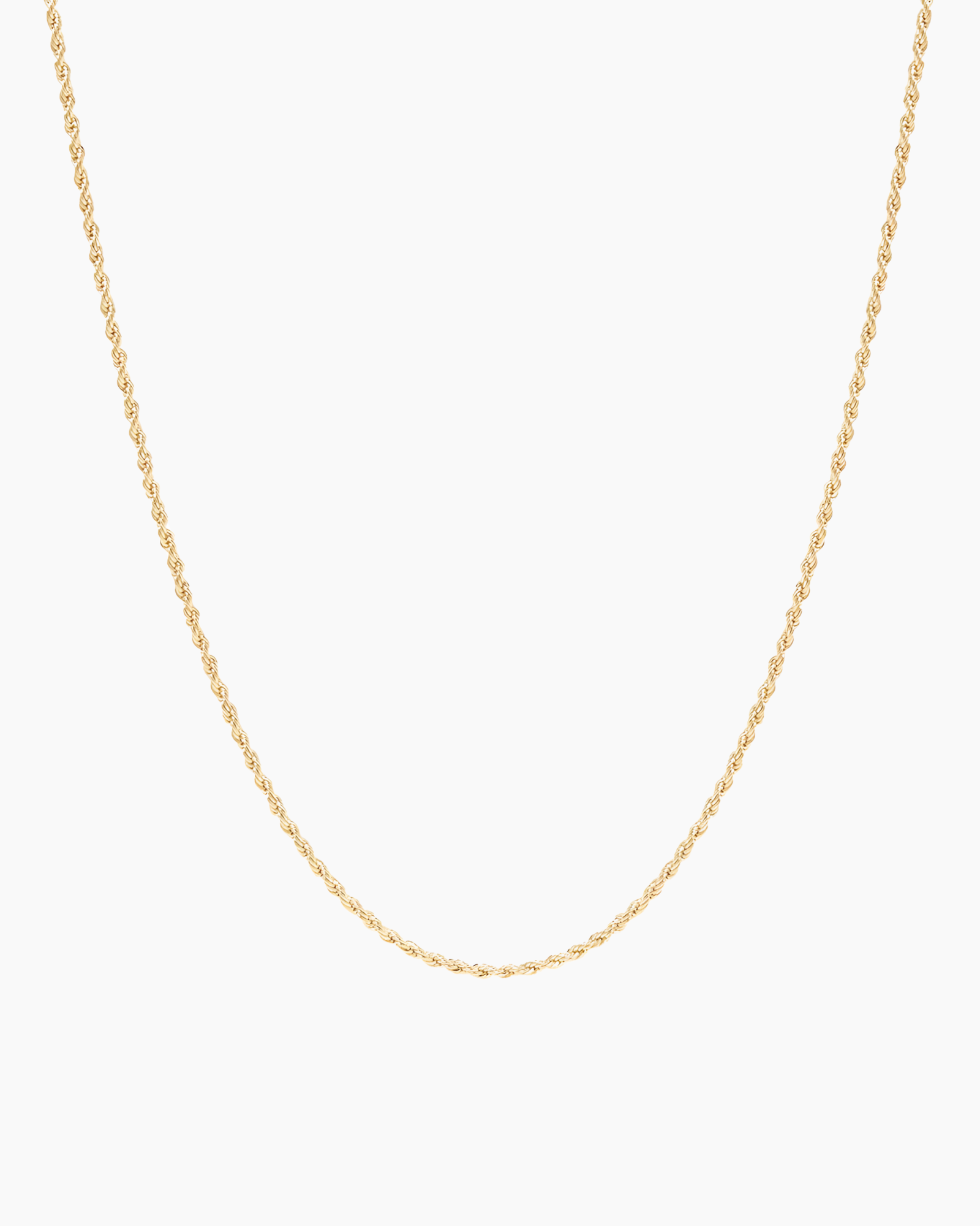 Gold rope chain necklace photographed flat on a white background, showing a slim twisted rope design in 18k gold-filled material. Designed for women and men seeking a lightweight everyday gold necklace that layers easily with pendants or longer chains, adding subtle texture and shine without bulk. Ideal for minimalist styling, necklace stacking, and daily wear, including water- and shower-safe use.