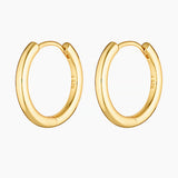 Product photo of a pair of medium-sized gold hoop earrings with a softly rounded, sculpted profile and high-polish finish, shown on a clean white background. The hoops feature a smooth hinged clasp and are stamped 925, indicating a solid sterling silver base with gold plating. Designed for women seeking elegant gold hoop earrings that feel elevated yet wearable, this image highlights refined statement hoops suitable for everyday wear, special occasions, and sensitive ears. Ideal for customers looking for 18