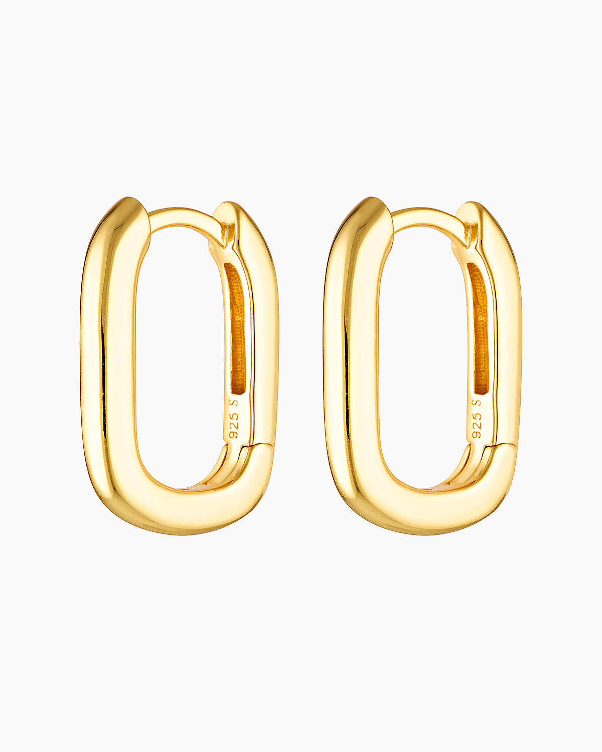 Pair of Sienna rectangle hoop earrings in polished 18k gold plating on a sterling silver base, shown on a white background with a hinged clasp and smooth rectangular silhouette. Designed for women seeking minimalist gold hoop earrings that are lightweight, hypoallergenic, and suitable for sensitive ears, these small rectangle huggie hoops offer a comfortable everyday earring option that is water and shower safe and easy to style alone or in an ear stack.