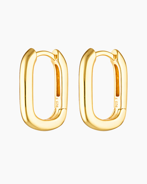 Pair of Sienna rectangle hoop earrings in polished 18k gold plating on a sterling silver base, shown on a white background with a hinged clasp and smooth rectangular silhouette. Designed for women seeking minimalist gold hoop earrings that are lightweight, hypoallergenic, and suitable for sensitive ears, these small rectangle huggie hoops offer a comfortable everyday earring option that is water and shower safe and easy to style alone or in an ear stack.