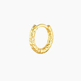 Single textured gold hoop earring with a hammered-style finish, photographed on a clean white background. Designed for women seeking minimalist everyday gold hoop earrings that add subtle texture and interest while remaining lightweight, comfortable, and easy to style for daily wear or curated ear stacks.