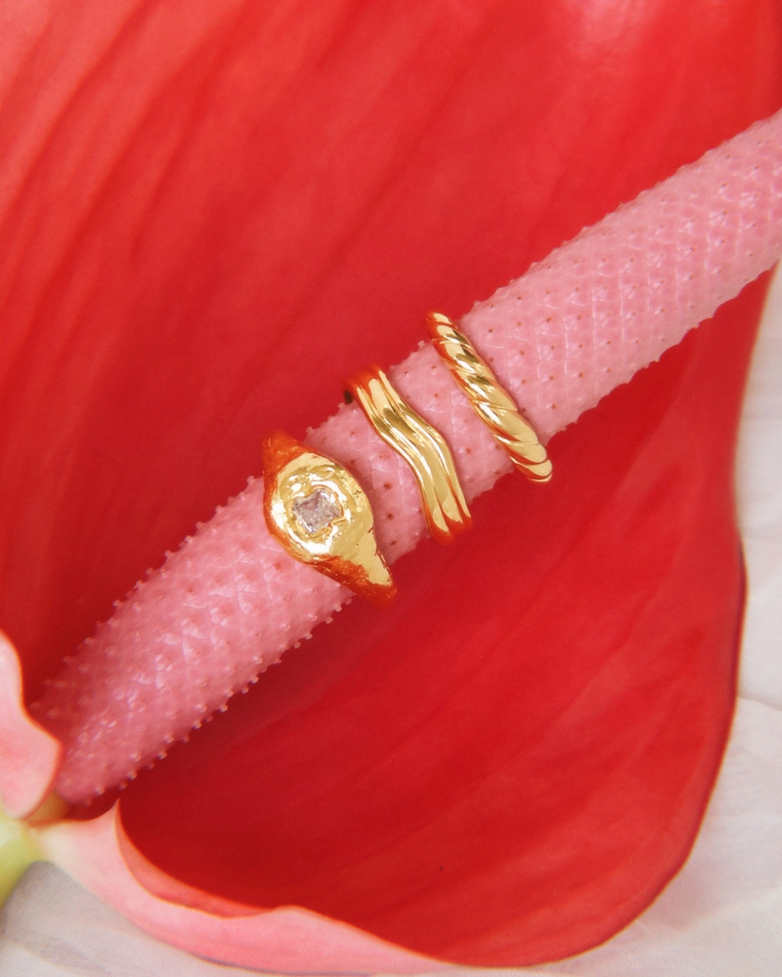 Product image showing three gold rings styled together on a textured pink stem against a red floral background: a small organic gold signet ring with a clear stone, a minimalist gold wave ring, and a slim gold band. Designed for those searching for gold stacking rings, minimalist gold jewellery, and everyday statement rings, this image highlights versatile gold rings that solve the need for easy layering, cohesive styling, and refined everyday wear with a modern, organic aesthetic.