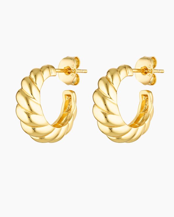 Pair of small twisted gold hoop earrings shown on a white background, featuring a sculptural rope-style design with a polished 18K gold finish and stud backings. Designed for women seeking minimalist gold hoop earrings that add subtle texture and shine for everyday wear, sensitive ears, and effortless styling from casual outfits to elevated looks.
