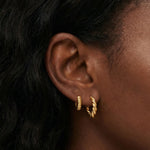 Close-up side profile of a woman’s ear wearing two small gold hoop earrings, including a twisted rope-style gold hoop and a smooth, ridged gold huggie. Designed for women who want classic gold hoop earrings for everyday wear, this image helps customers see the size, texture, and fit of layered gold hoops on the ear, making it easier to choose between subtle and statement hoop styles.