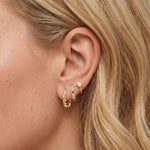 Close-up product photo of a woman’s ear with fair skin and soft blonde hair, styled with layered gold earrings across multiple piercings. The ear features a twisted gold huggie hoop in the lobe, a slim gold pavé huggie set with clear stones in a second piercing, and a small gold star-shaped stud with a central clear stone in the upper piercing. This image is for customers looking for elegant gold earrings that combine texture and subtle sparkle for everyday wear. It demonstrates how minimalist gold hoops an