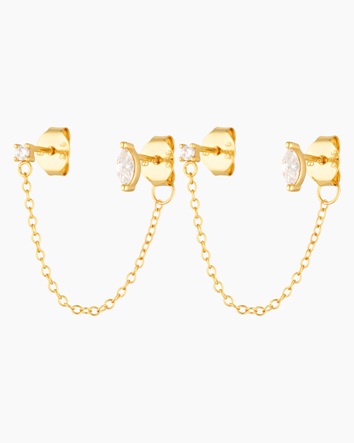 air of Zelia chain stud earrings featuring marquise and round cubic zirconia stones connected by a fine gold chain, 18k gold plated jewellery photographed on a white background.