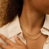 Model wearing layered 18K gold-filled chain necklaces on the collarbone, styled with a cream blouse and matching gold hoop earrings. Designed for women seeking everyday minimalist gold jewellery, this layered necklace look shows how fine gold chains add depth, balance, and effortless polish to a modern outfit without overpowering the neckline.