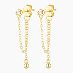 Gold chain stud earrings with a delicate 2mm clear stone and fine double chain drop ending in a polished gold bead, photographed on a white background. Designed for women seeking minimalist gold earrings that add subtle movement and elegance to everyday wear, layering, and curated ear stacks. Ideal for those looking for lightweight, hypoallergenic stud earrings that elevate simple outfits without feeling heavy or overstated.